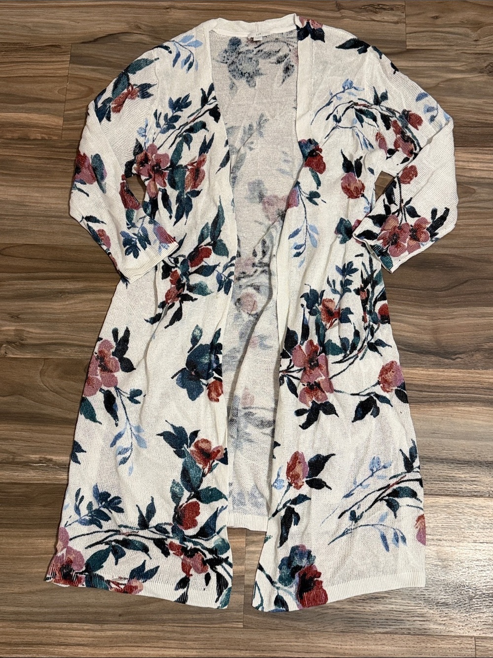 J.Jill Women Sz. M White Floral Linen Blend Long Open Front Duster Cardigan